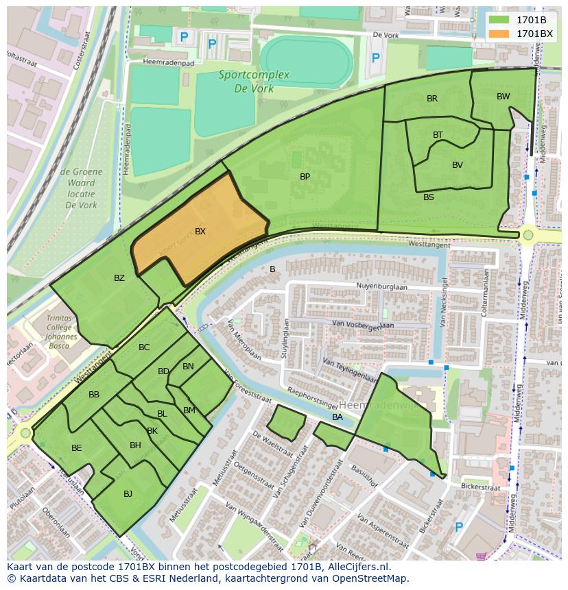 Afbeelding van het postcodegebied 1701 BX op de kaart.