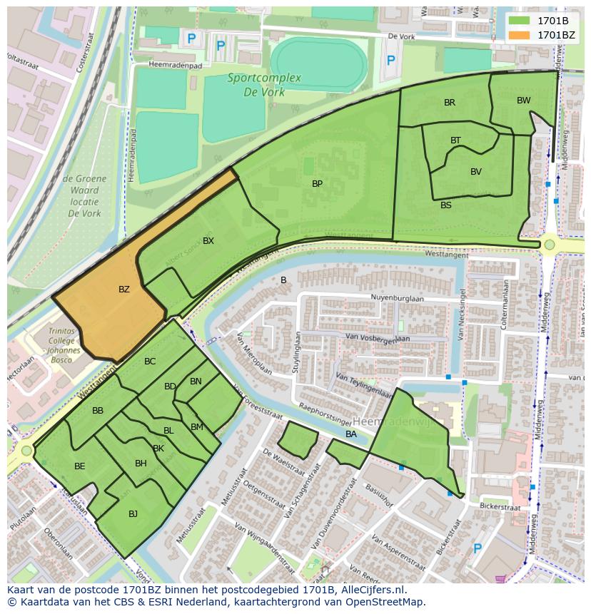 Afbeelding van het postcodegebied 1701 BZ op de kaart.