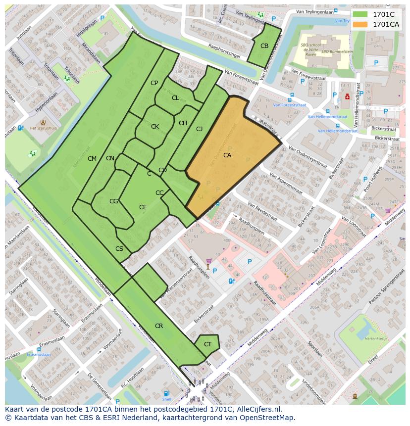 Afbeelding van het postcodegebied 1701 CA op de kaart.
