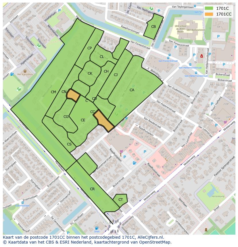 Afbeelding van het postcodegebied 1701 CC op de kaart.
