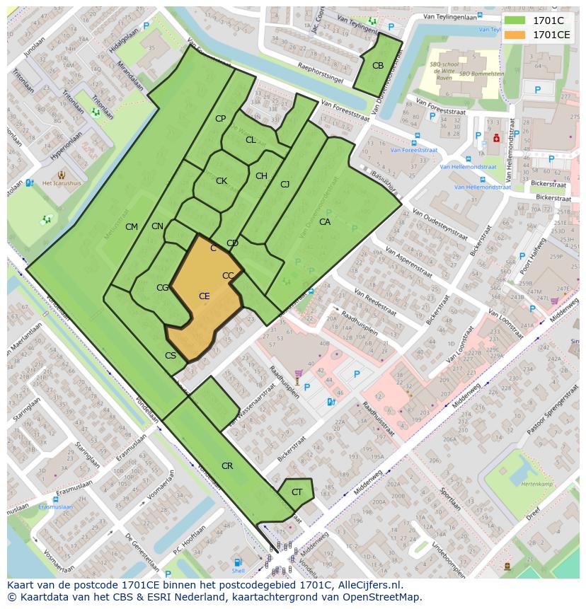 Afbeelding van het postcodegebied 1701 CE op de kaart.