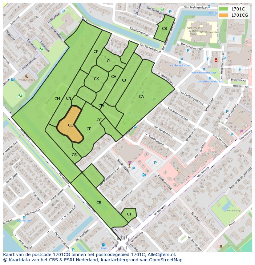 Afbeelding van het postcodegebied 1701 CG op de kaart.