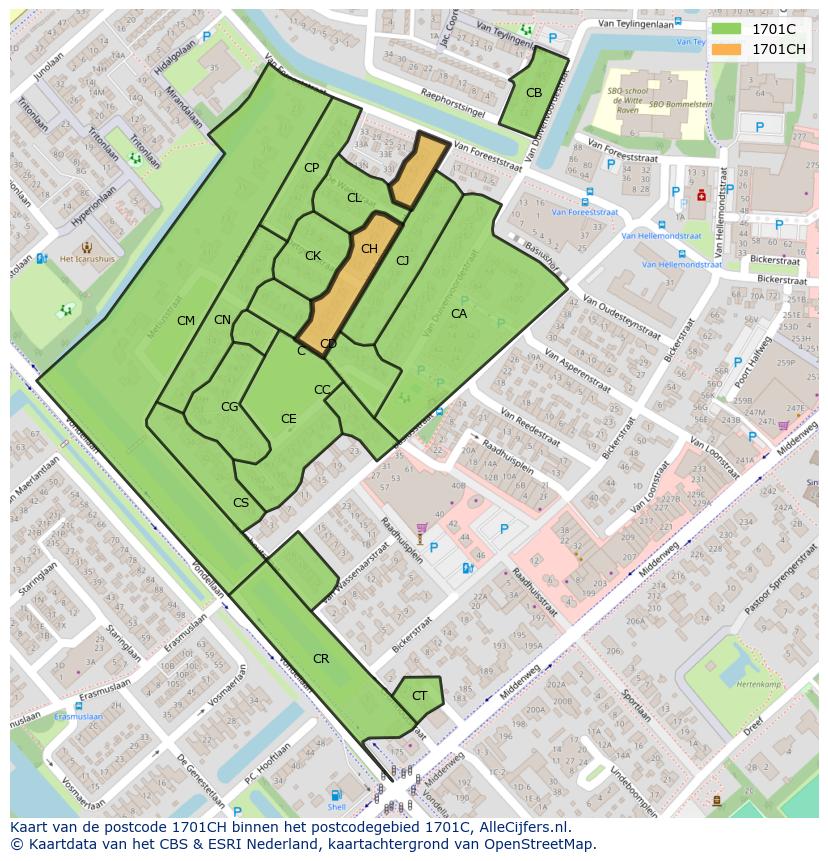Afbeelding van het postcodegebied 1701 CH op de kaart.