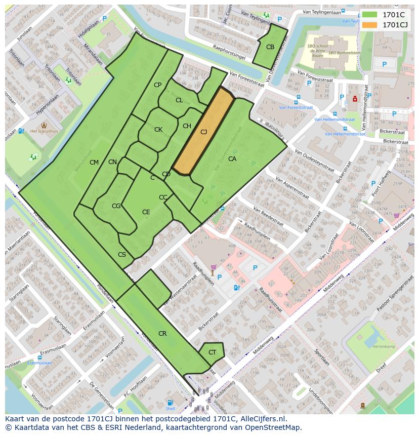 Afbeelding van het postcodegebied 1701 CJ op de kaart.