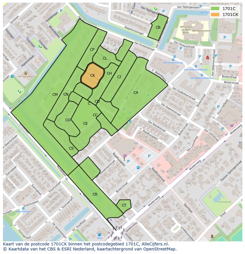 Afbeelding van het postcodegebied 1701 CK op de kaart.
