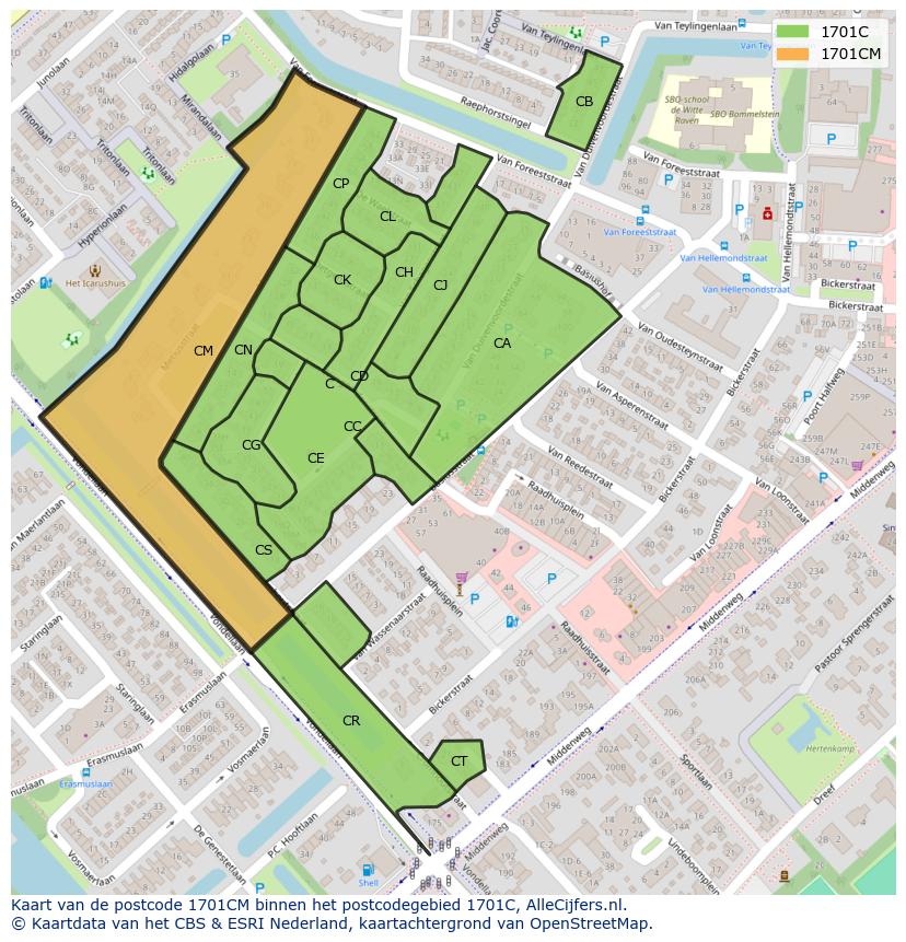 Afbeelding van het postcodegebied 1701 CM op de kaart.