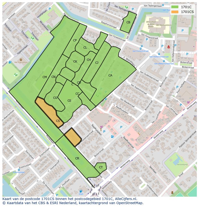 Afbeelding van het postcodegebied 1701 CS op de kaart.