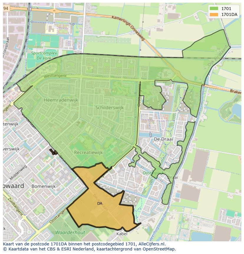 Afbeelding van het postcodegebied 1701 DA op de kaart.
