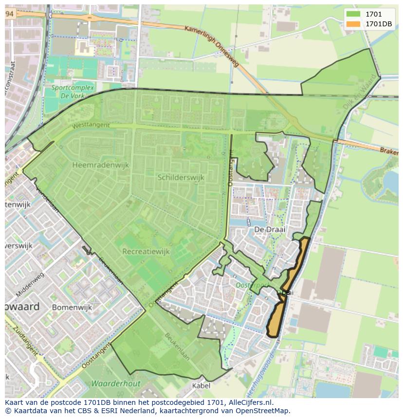 Afbeelding van het postcodegebied 1701 DB op de kaart.