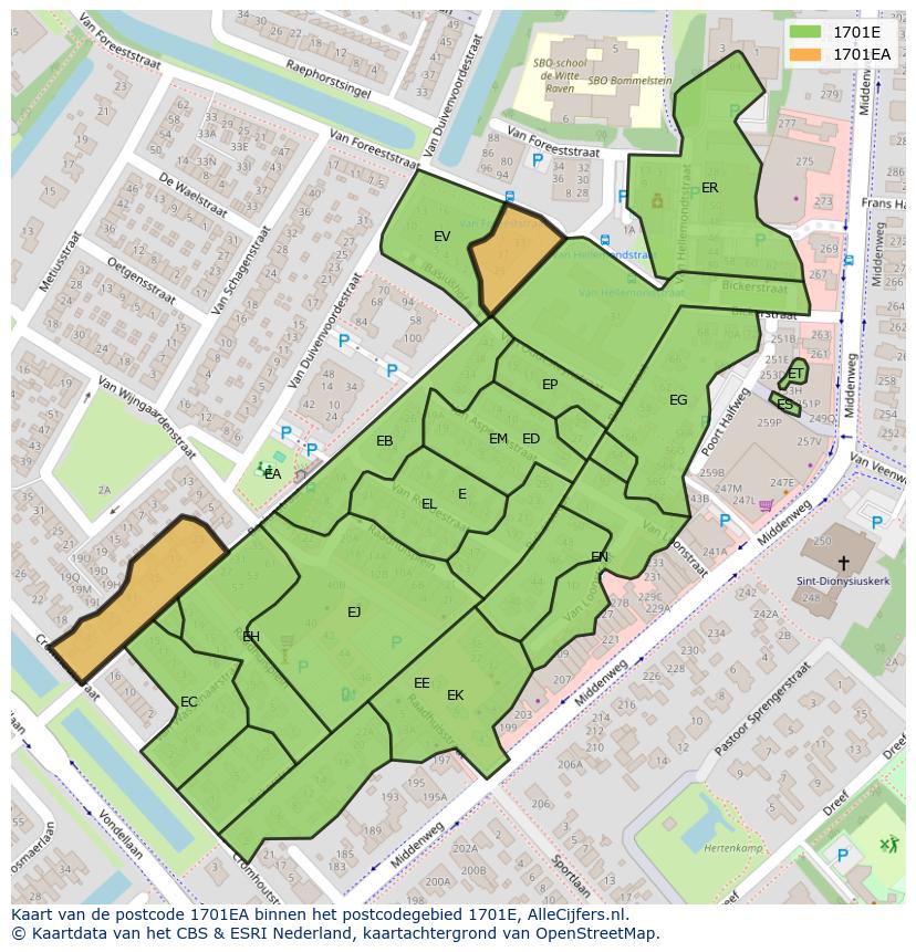 Afbeelding van het postcodegebied 1701 EA op de kaart.
