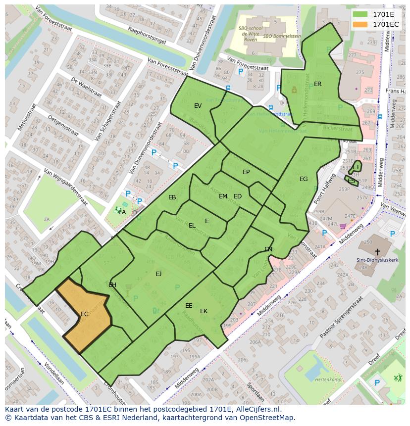 Afbeelding van het postcodegebied 1701 EC op de kaart.
