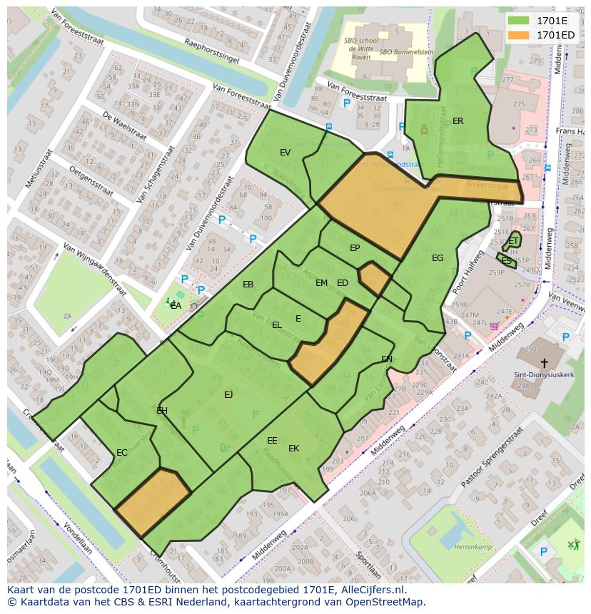 Afbeelding van het postcodegebied 1701 ED op de kaart.