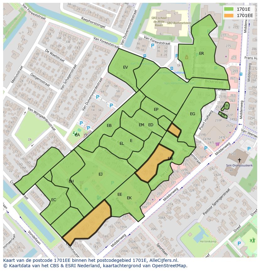Afbeelding van het postcodegebied 1701 EE op de kaart.