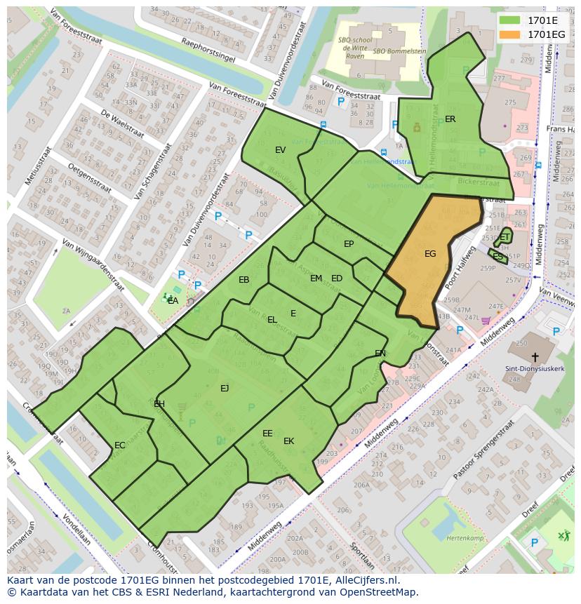 Afbeelding van het postcodegebied 1701 EG op de kaart.