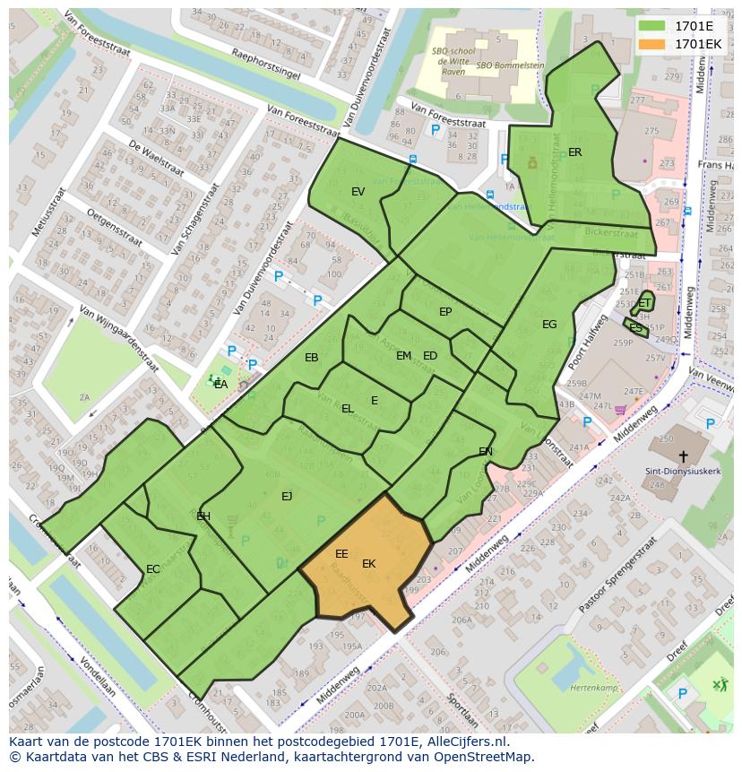 Afbeelding van het postcodegebied 1701 EK op de kaart.