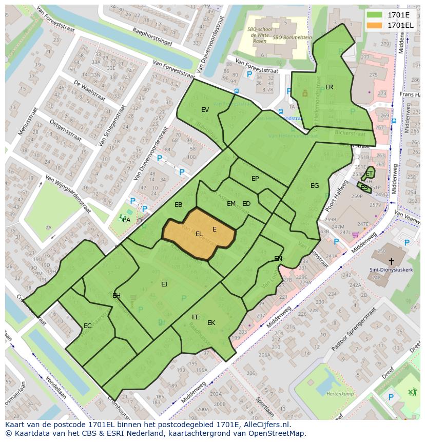 Afbeelding van het postcodegebied 1701 EL op de kaart.