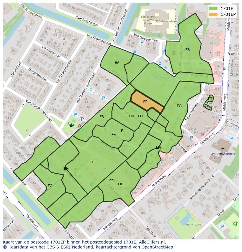 Afbeelding van het postcodegebied 1701 EP op de kaart.