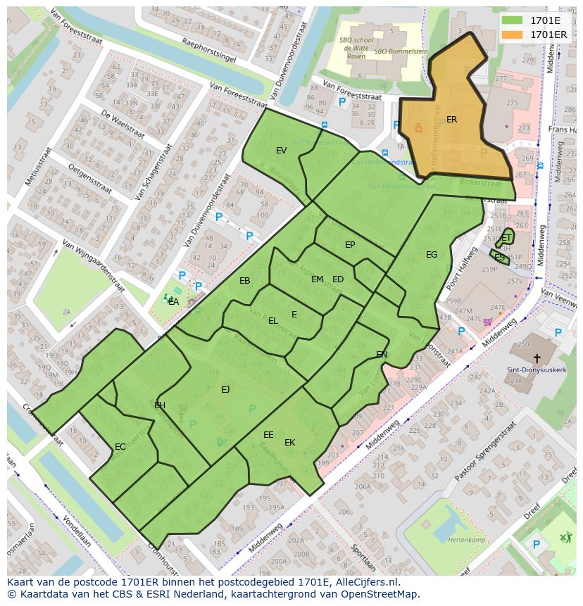 Afbeelding van het postcodegebied 1701 ER op de kaart.