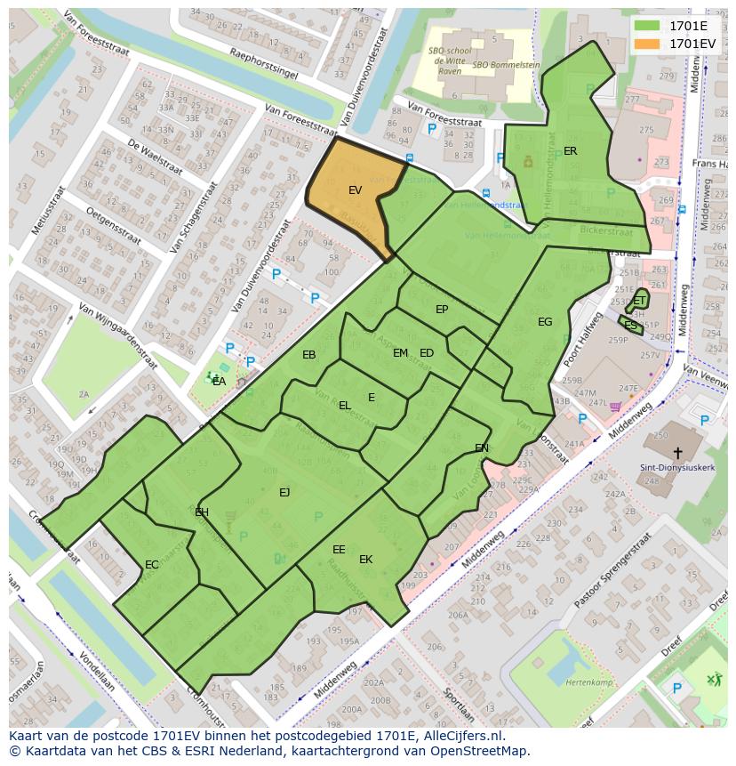 Afbeelding van het postcodegebied 1701 EV op de kaart.