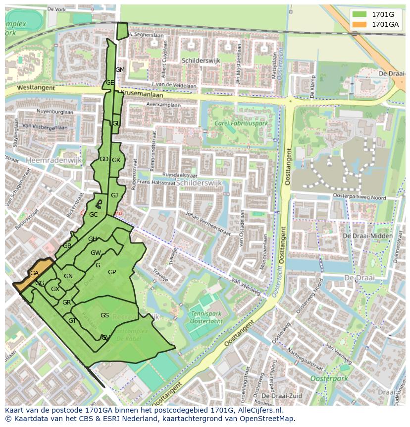 Afbeelding van het postcodegebied 1701 GA op de kaart.