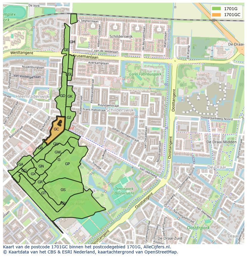 Afbeelding van het postcodegebied 1701 GC op de kaart.