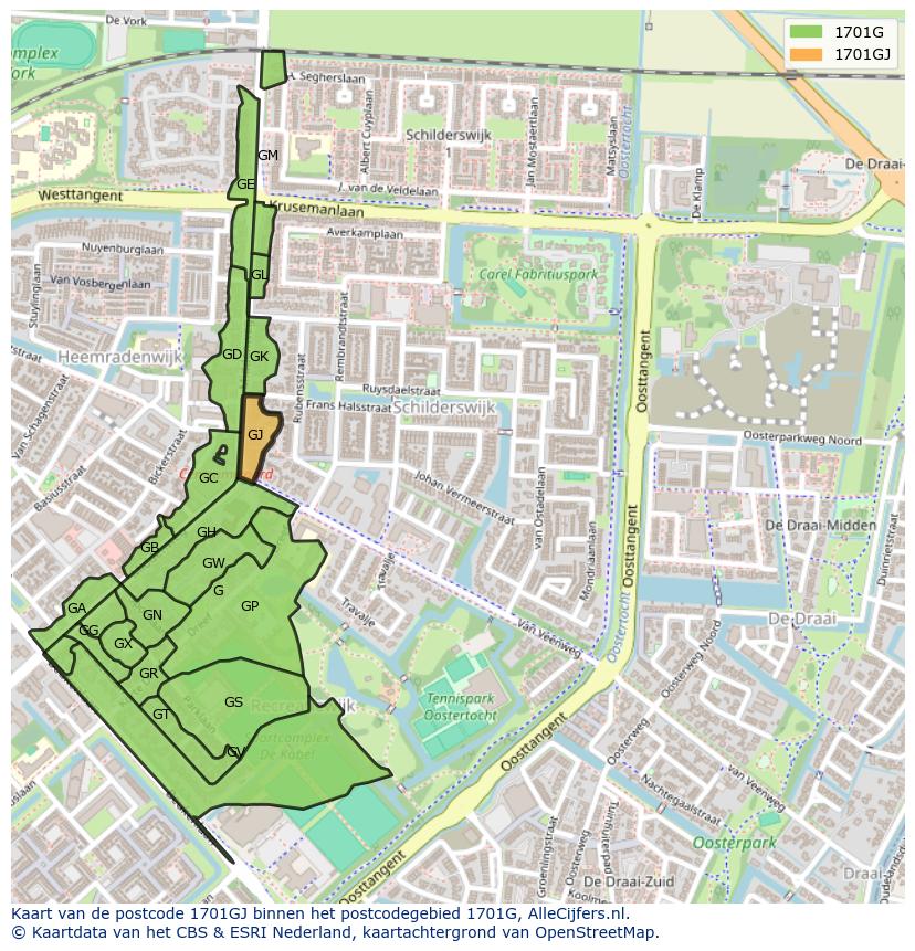 Afbeelding van het postcodegebied 1701 GJ op de kaart.
