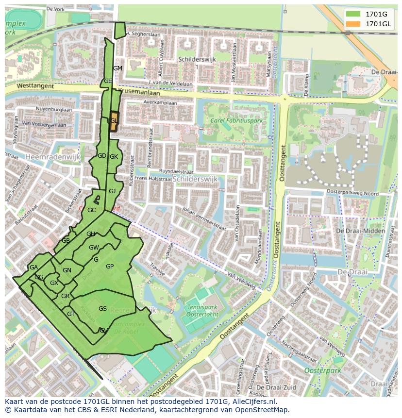Afbeelding van het postcodegebied 1701 GL op de kaart.