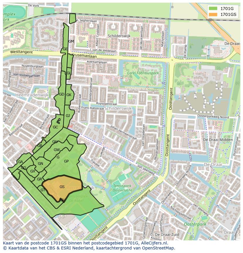 Afbeelding van het postcodegebied 1701 GS op de kaart.
