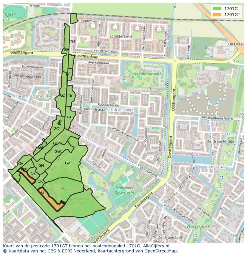 Afbeelding van het postcodegebied 1701 GT op de kaart.