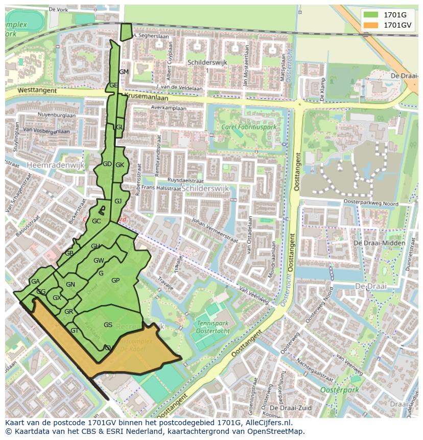 Afbeelding van het postcodegebied 1701 GV op de kaart.