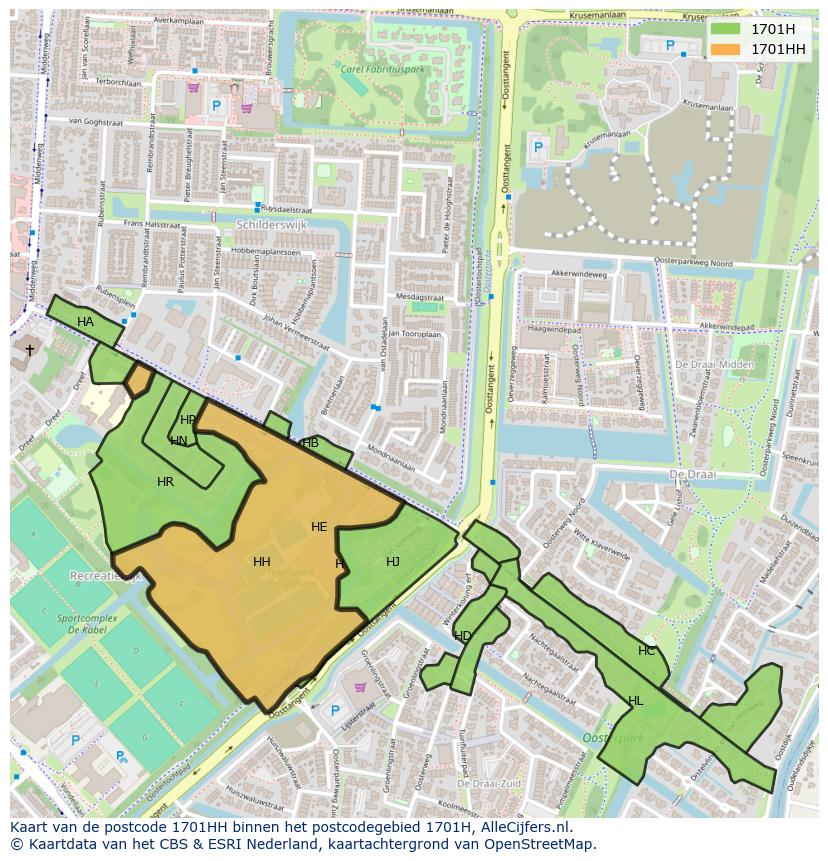 Afbeelding van het postcodegebied 1701 HH op de kaart.