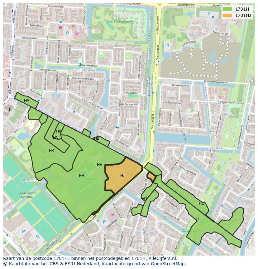 Afbeelding van het postcodegebied 1701 HJ op de kaart.
