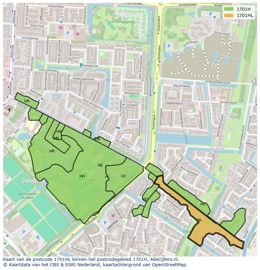 Afbeelding van het postcodegebied 1701 HL op de kaart.