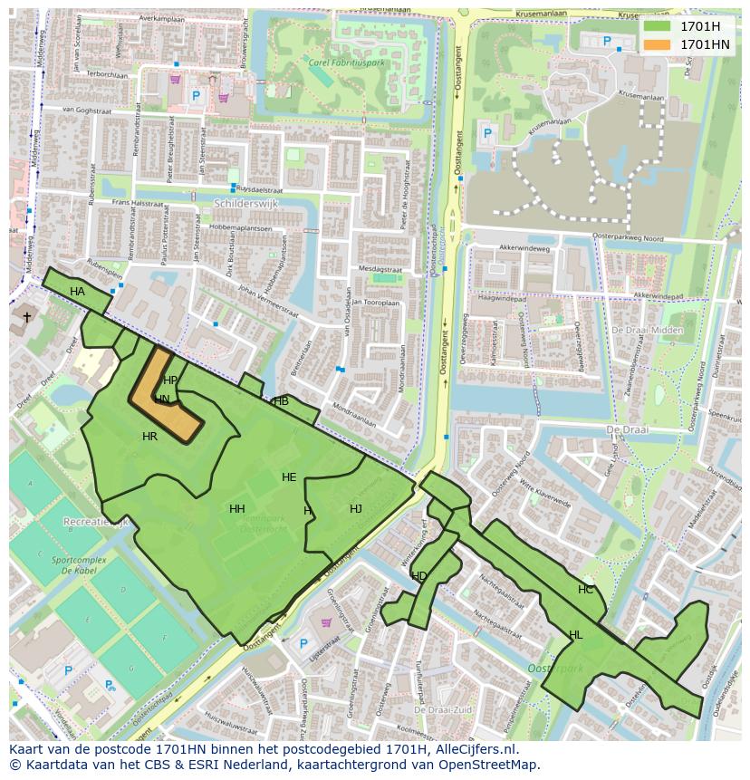 Afbeelding van het postcodegebied 1701 HN op de kaart.