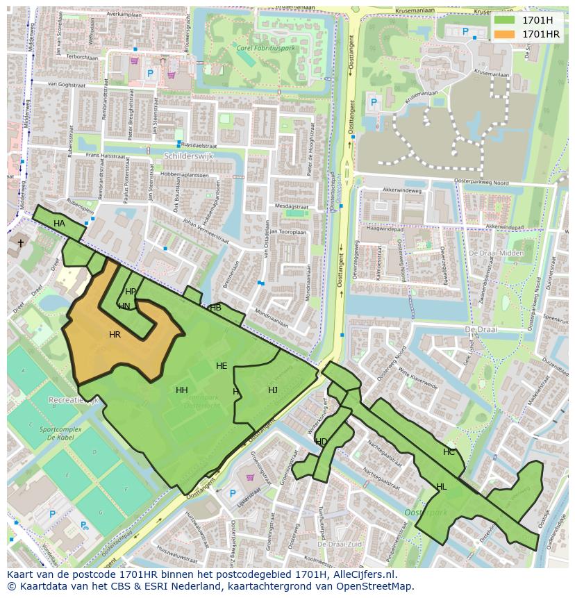 Afbeelding van het postcodegebied 1701 HR op de kaart.