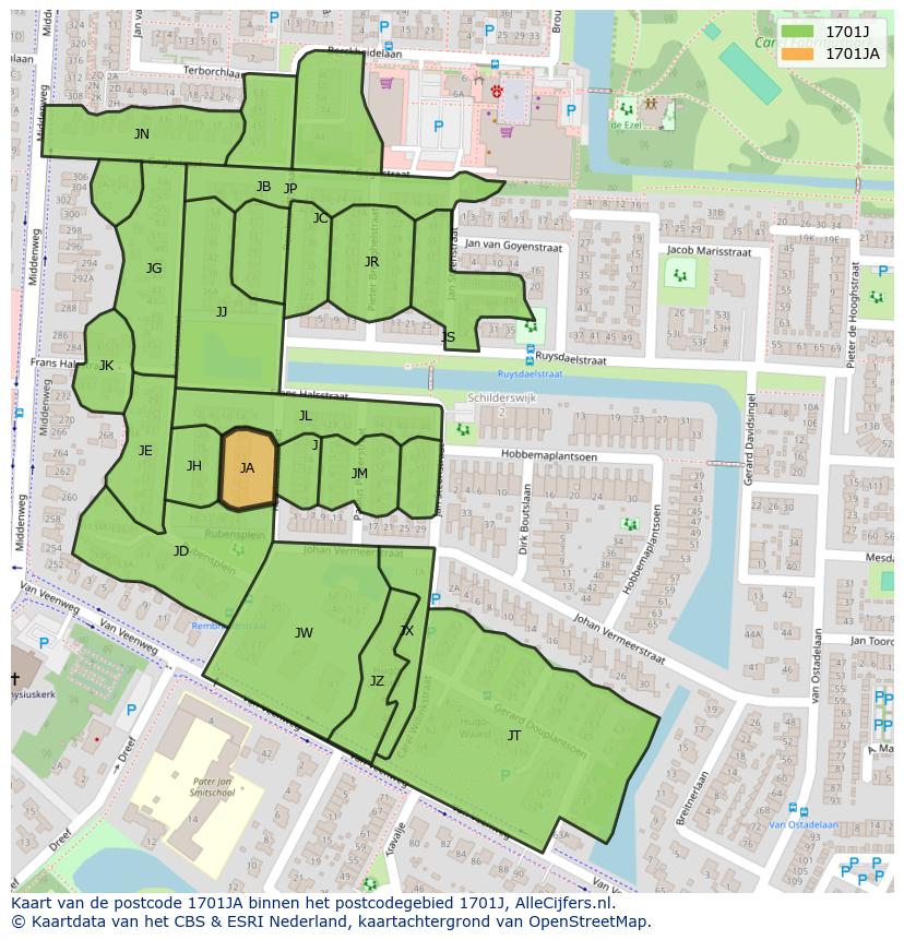 Afbeelding van het postcodegebied 1701 JA op de kaart.