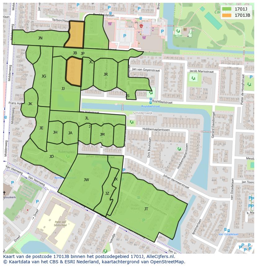 Afbeelding van het postcodegebied 1701 JB op de kaart.