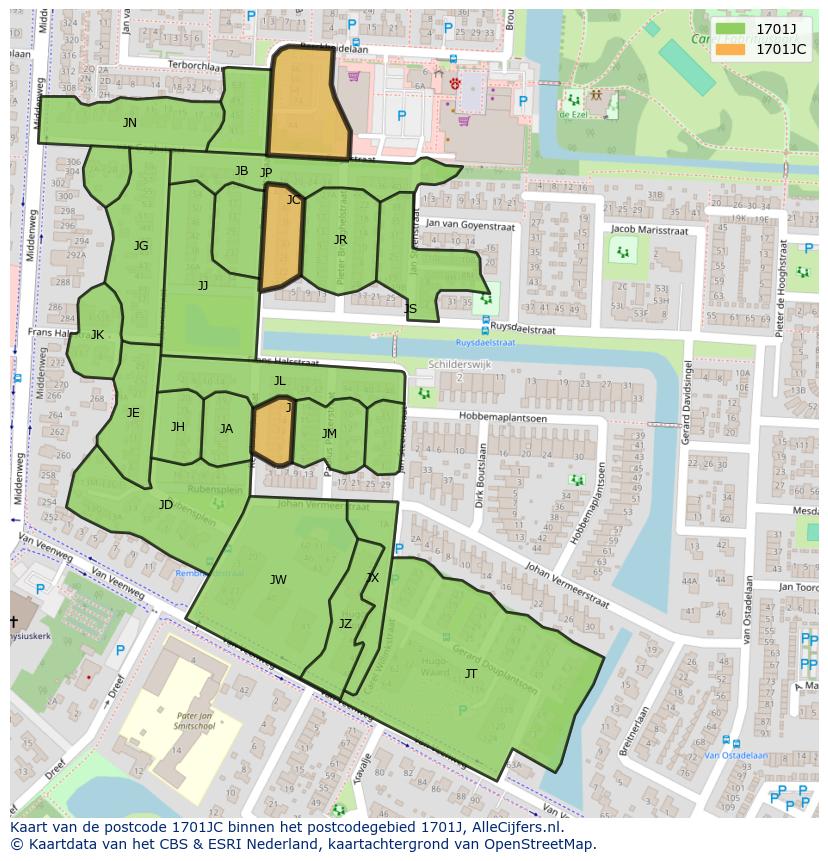 Afbeelding van het postcodegebied 1701 JC op de kaart.