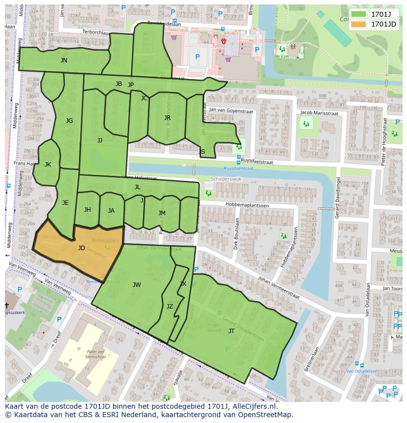 Afbeelding van het postcodegebied 1701 JD op de kaart.