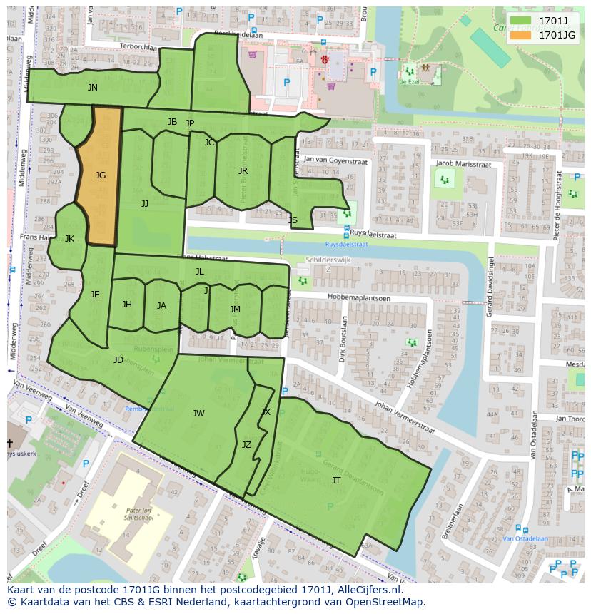 Afbeelding van het postcodegebied 1701 JG op de kaart.