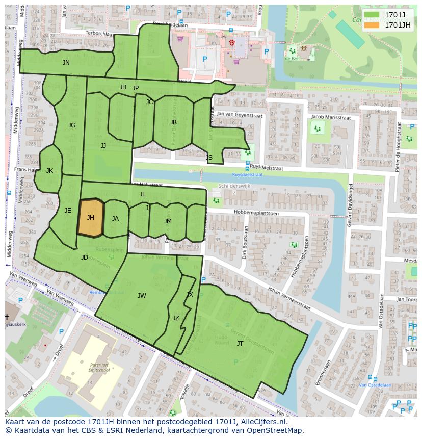 Afbeelding van het postcodegebied 1701 JH op de kaart.