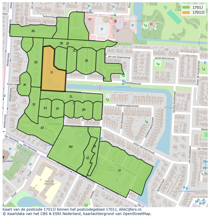 Afbeelding van het postcodegebied 1701 JJ op de kaart.