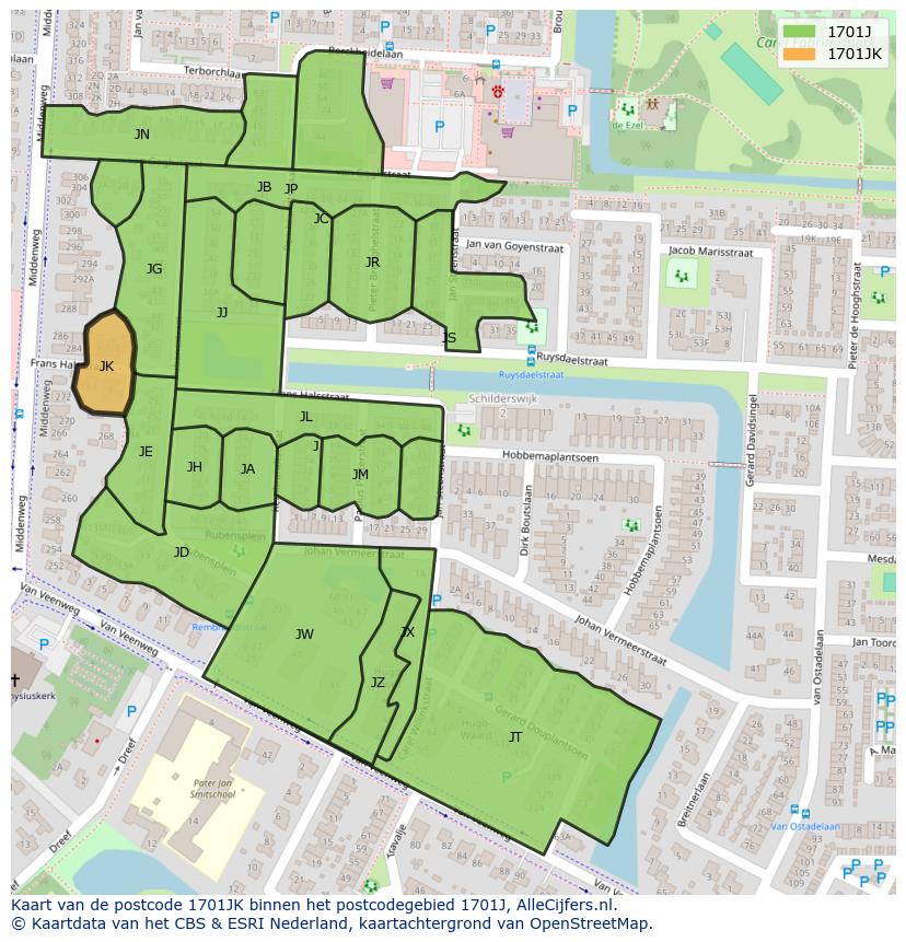 Afbeelding van het postcodegebied 1701 JK op de kaart.