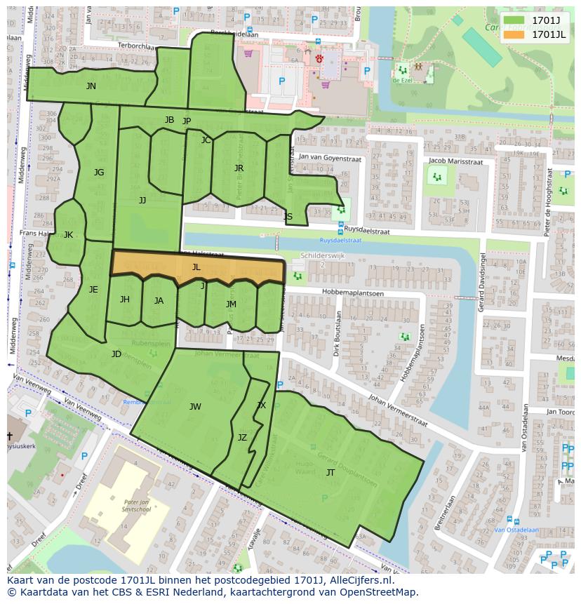 Afbeelding van het postcodegebied 1701 JL op de kaart.