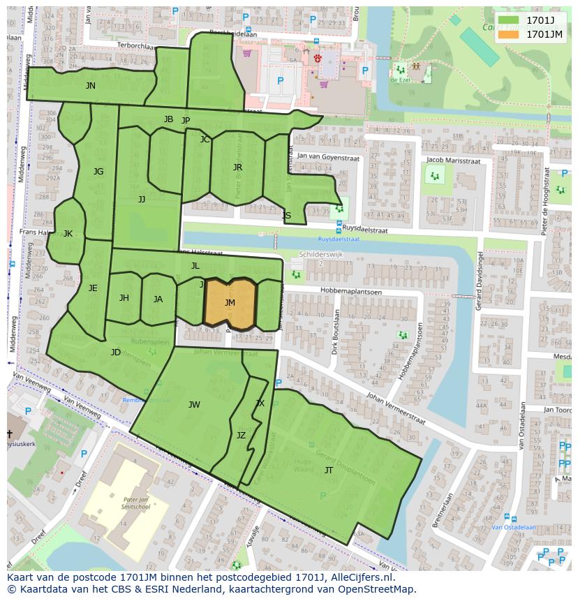 Afbeelding van het postcodegebied 1701 JM op de kaart.