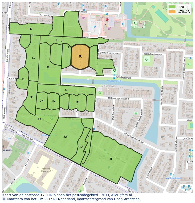 Afbeelding van het postcodegebied 1701 JR op de kaart.