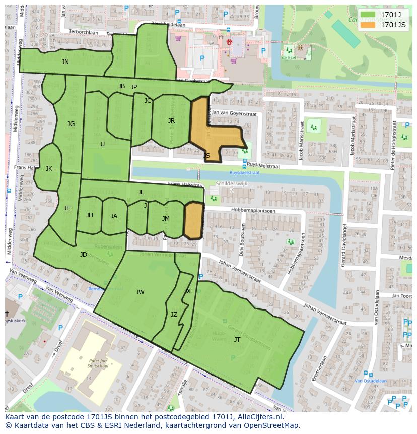 Afbeelding van het postcodegebied 1701 JS op de kaart.