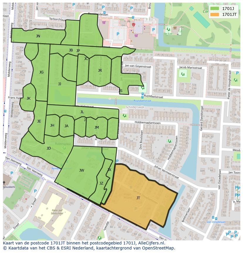 Afbeelding van het postcodegebied 1701 JT op de kaart.