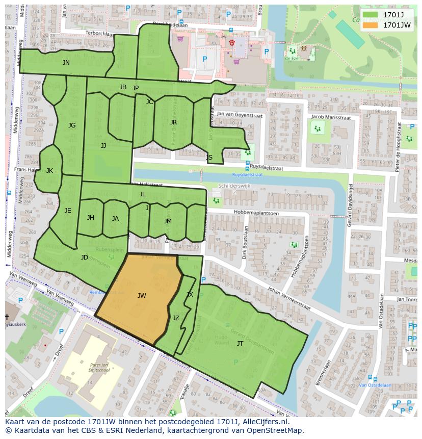 Afbeelding van het postcodegebied 1701 JW op de kaart.