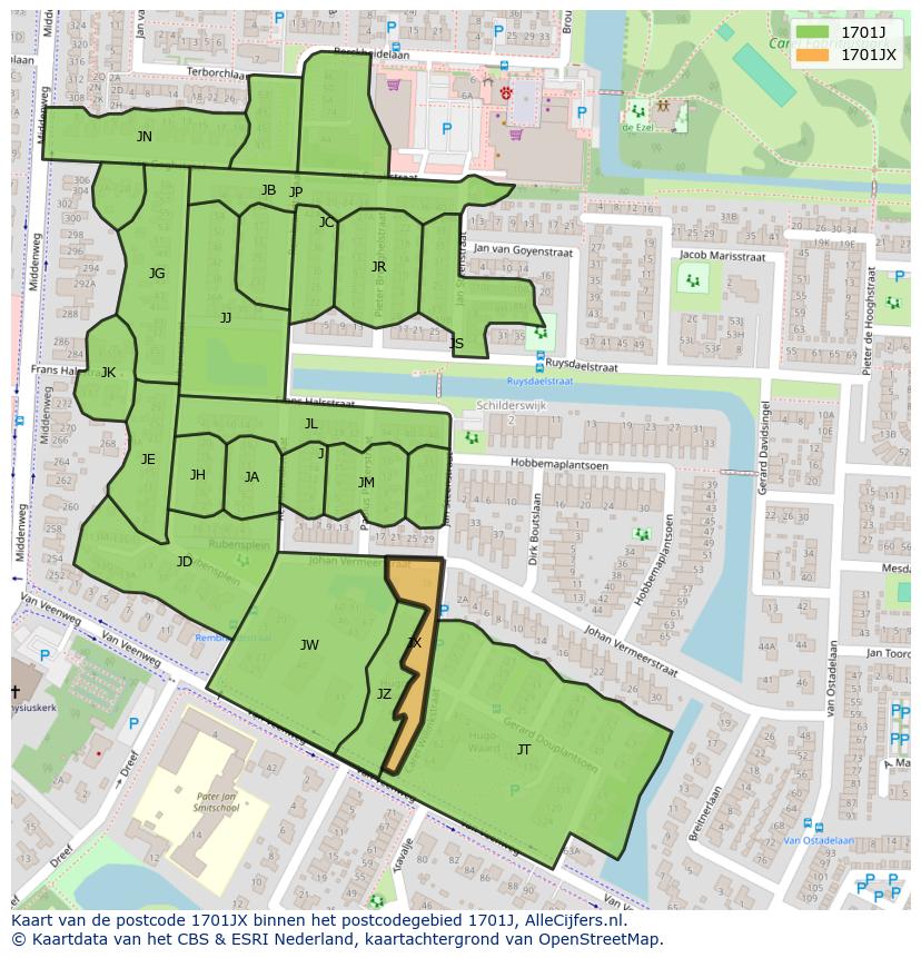 Afbeelding van het postcodegebied 1701 JX op de kaart.